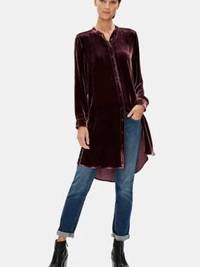 Eileen Fisher Mandarin Collar Lng Velvet Shirt Dress Tunic Cassis Purple Sz L